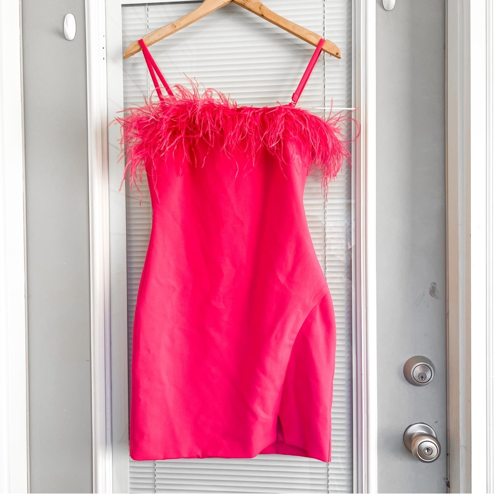 Pink Feather Mini Dress - Likely Katy | Size 6 | Hot Pink Party Dress